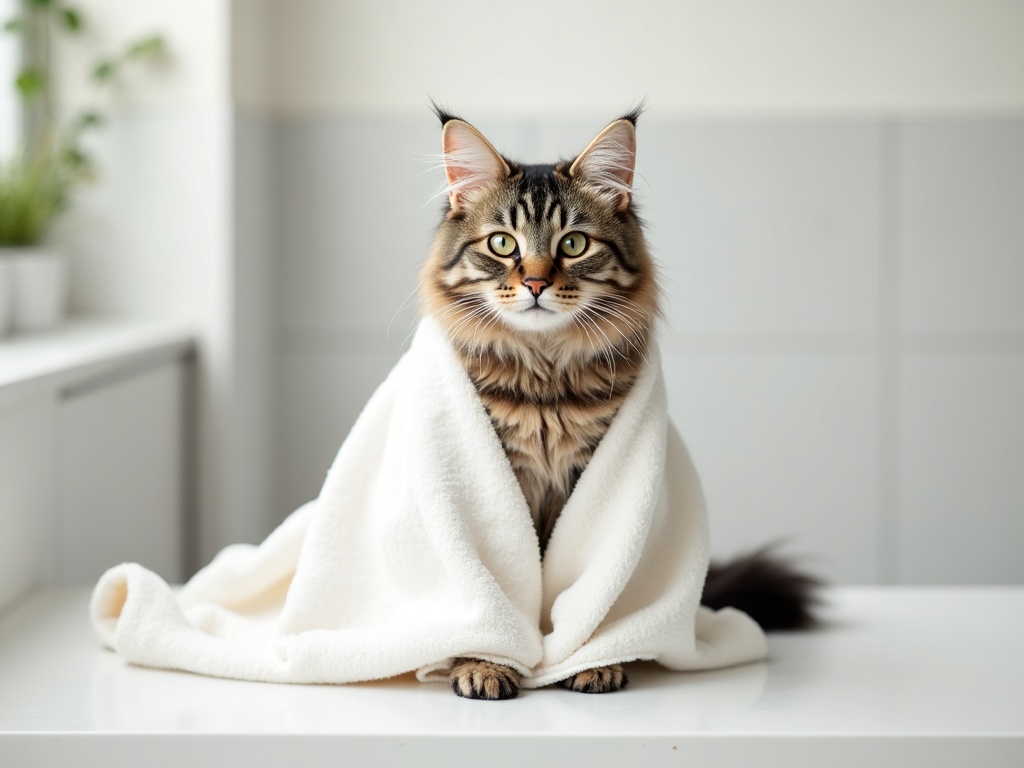 Chat enveloppé dans une serviette blanche après le bain