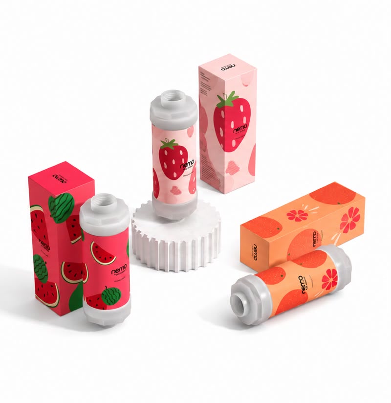 Filtres et boîtes NEMO fraise, pastèque et pamplemousse sur podium